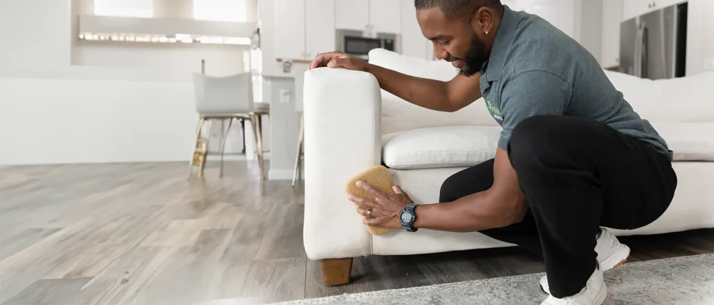 A Be Green Upholstery Cleaning technician cleaning a white sofa by hand using our eco-friendly process.