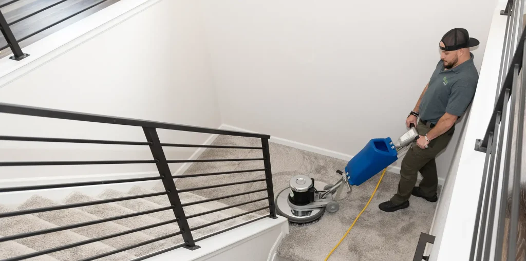 Carpet Cleaning technician cleaning carpet and stairs with a buffer