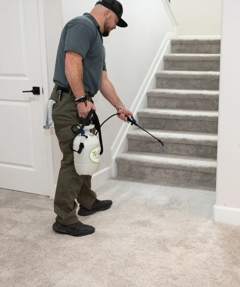 Carpet cleaning service provider applying stain guard protection on white carpet and stairs
