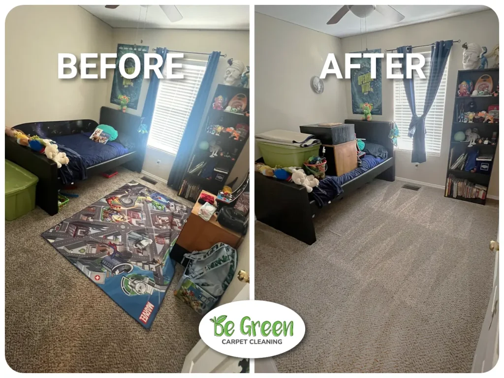 A before and after photo showing that everything gets moved before and after a professional carpet cleaning