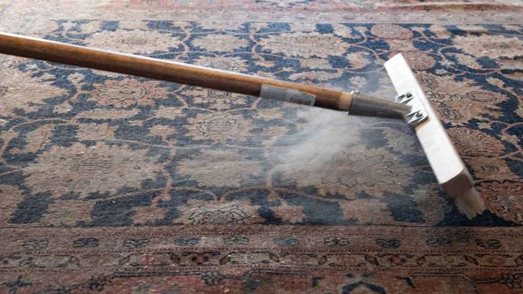 Using a nylon pile brush to rake a very dirty area rug to loosen trapped particles during cleaning.