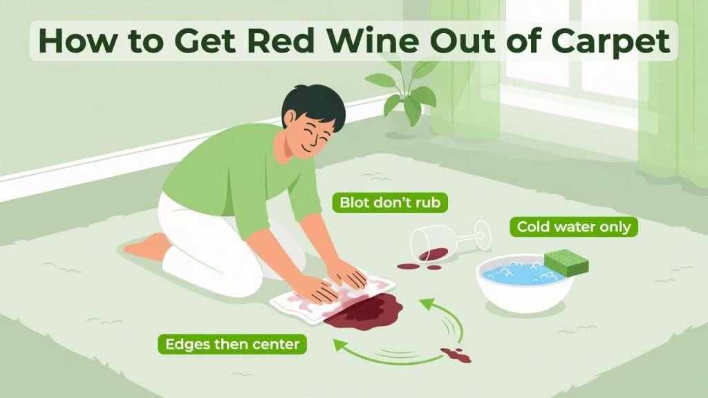 A person gently blots a red wine carpet stain inward with a white cloth and cold soapy water.