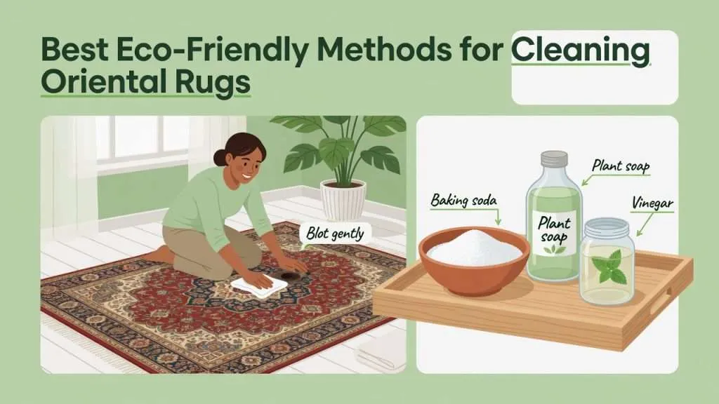 A person gently blots a colorful Oriental rug beside baking soda, plant soap, and a houseplant.